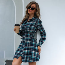 Load image into Gallery viewer, Office Lady Plaid Button Patchwork Female Vestido Green Turn Down Collar Long Sleeve Single Breasted Lace Up Dress High Waist