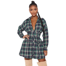 Load image into Gallery viewer, Office Lady Plaid Button Patchwork Female Vestido Green Turn Down Collar Long Sleeve Single Breasted Lace Up Dress High Waist