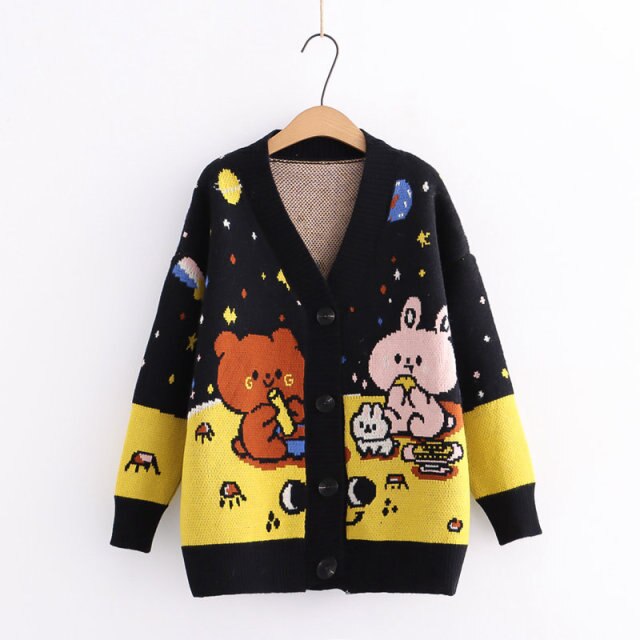 Office Lady Sweet Cute Cartoon Bear Sweater Fall Single Breasted Kawaii Knitted Cardigan Women 2022 Soft V-neck Sueter Mujer