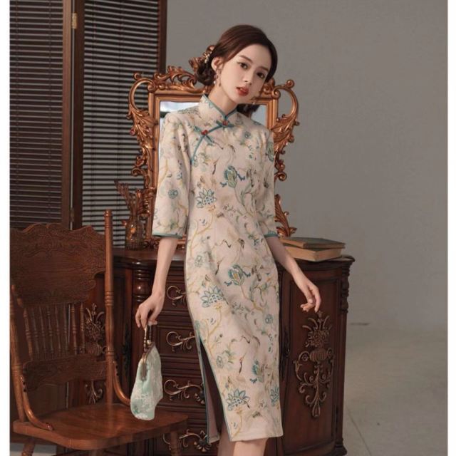 Old Shanghai Improved Cheongsam Women Chinese Qipao 2021 New Mid-sleeve Young Mid-length Dress Girl Retro Republican Style