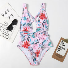 Load image into Gallery viewer, One Piece Swimsuit V-neck Color Matching Bandage Bow Backless Strapless Printing Summer Swimsuit Sports