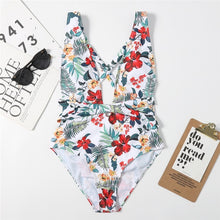 Load image into Gallery viewer, One Piece Swimsuit V-neck Color Matching Bandage Bow Backless Strapless Printing Summer Swimsuit Sports