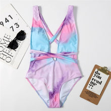 Load image into Gallery viewer, One Piece Swimsuit V-neck Color Matching Bandage Bow Backless Strapless Printing Summer Swimsuit Sports