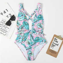 Load image into Gallery viewer, One Piece Swimsuit V-neck Color Matching Bandage Bow Backless Strapless Printing Summer Swimsuit Sports