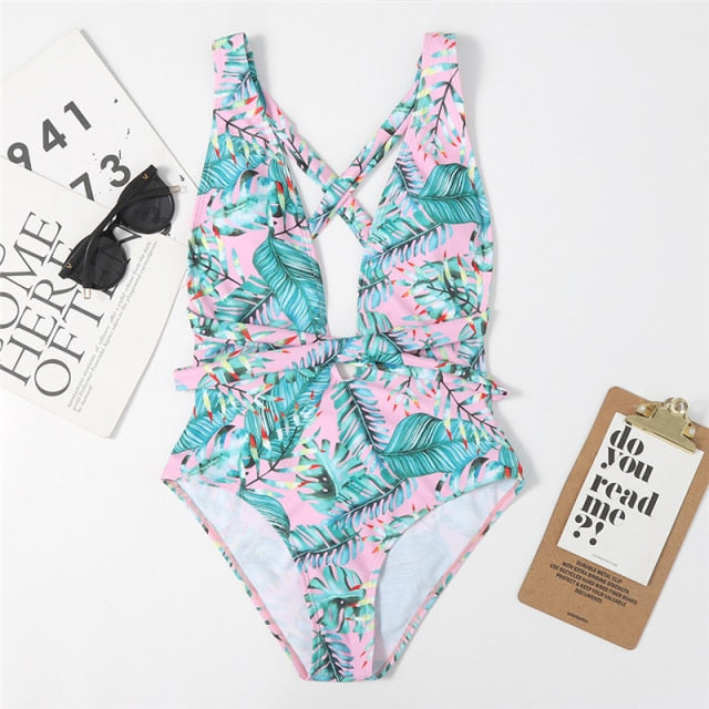 One Piece Swimsuit V-neck Color Matching Bandage Bow Backless Strapless Printing Summer Swimsuit Sports