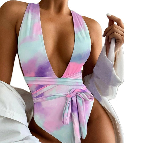 One Piece Swimsuit V-neck Color Matching Bandage Bow Backless Strapless Printing Summer Swimsuit Sports