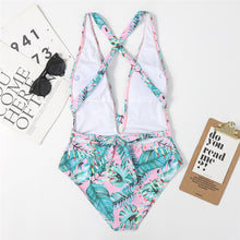 Load image into Gallery viewer, One Piece Swimsuit V-neck Color Matching Bandage Bow Backless Strapless Printing Summer Swimsuit Sports