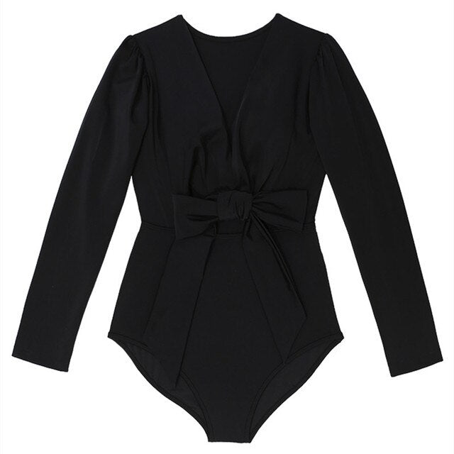 One Piece Swimsuit Women Cut Out Black Swimwear Long Sleeves Tie Monokini Swim Suit Padded Bathing Suit Bandage