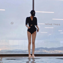 Load image into Gallery viewer, One Piece Swimsuit Women Cut Out Black Swimwear Long Sleeves Tie Monokini Swim Suit Padded Bathing Suit Bandage