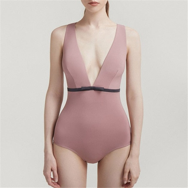 One Piece Swimsuit Women Deep V Swimwear Solid Monokini Sexy Cut Out Bathing Suit Female Beachwear 2022 New