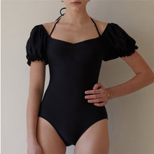 Load image into Gallery viewer, One Piece Swimsuit Women Puff Sleeves Swimwear Solid Monokini Halter Black Swim Suit Padded Bathing Suit Korea Swimwear