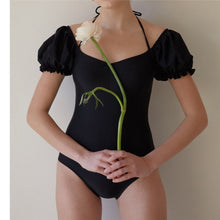 Load image into Gallery viewer, One Piece Swimsuit Women Puff Sleeves Swimwear Solid Monokini Halter Black Swim Suit Padded Bathing Suit Korea Swimwear