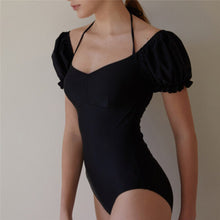 Load image into Gallery viewer, One Piece Swimsuit Women Puff Sleeves Swimwear Solid Monokini Halter Black Swim Suit Padded Bathing Suit Korea Swimwear