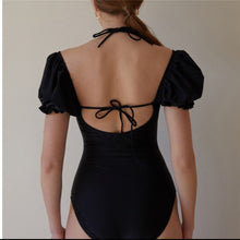 Load image into Gallery viewer, One Piece Swimsuit Women Puff Sleeves Swimwear Solid Monokini Halter Black Swim Suit Padded Bathing Suit Korea Swimwear