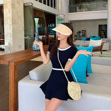 Load image into Gallery viewer, One Piece Swimsuit Women Short Sleeve Solid Swimwear Skirted Monokini Push Up Swim Suit Trikini Bathing Suit Korea Style