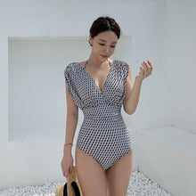 Load image into Gallery viewer, One Piece Trikini Swimsuit Bodysuit Monokini Women Plaid Bathers Sexy Deep V Swimwear Push Up Bathers Halter Beachwear