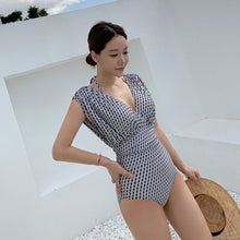 Load image into Gallery viewer, One Piece Trikini Swimsuit Bodysuit Monokini Women Plaid Bathers Sexy Deep V Swimwear Push Up Bathers Halter Beachwear