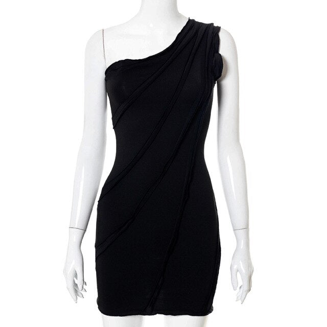 One Shoulder Sexy Women Club Dress Solid Color Bodycon Slim Summer Mini Dresses 3D Stripes Ladies Beach Party Wear 2021 Fashion