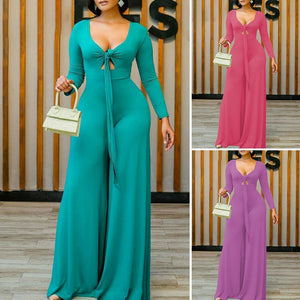 Oversized Jumpsuit Autumn Elegant Wide Leg Pants Long Sleeves Deep V Neck High Waist Solid Parties and Clubnight Rompers Femme