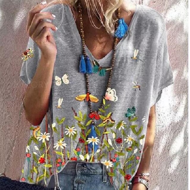 Oversized Ladies Tops Women Plus Size Floral 3D Print T Shirt Loose V-Neck Short Sleeve Casual Tee Top Summer New Streetwear