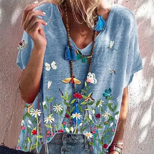 Oversized Ladies Tops Women Plus Size Floral 3D Print T Shirt Loose V-Neck Short Sleeve Casual Tee Top Summer New Streetwear