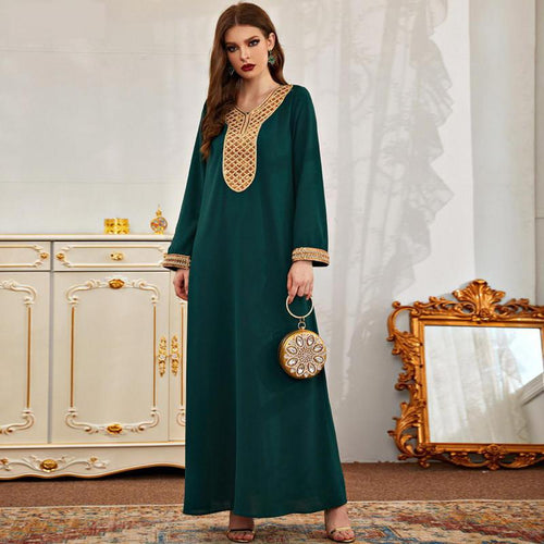 Oversized Women's Round Neck Long Sleeve Fashion Green Solid Color Sequin Stitching Muslim Ethnic Ramadan Robe Islamic Dresses