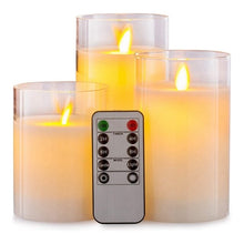 Load image into Gallery viewer, Pack of 3 Amber Glass LED Flameless Pillar Candles Flickering w/Remote&amp;Timer Battery Operated Wedding Home Festival Decoration