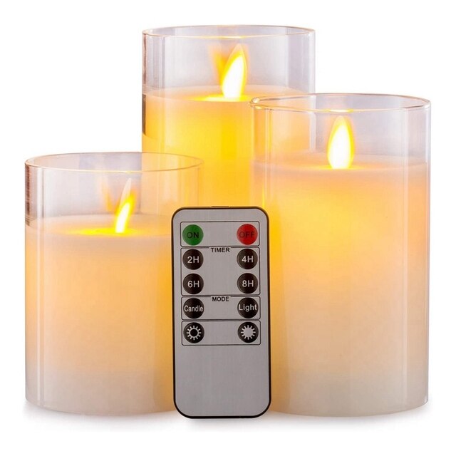 Pack of 3 Amber Glass LED Flameless Pillar Candles Flickering w/Remote&Timer Battery Operated Wedding Home Festival Decoration