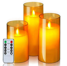 Load image into Gallery viewer, Pack of 3 Amber Glass LED Flameless Pillar Candles Flickering w/Remote&amp;Timer Battery Operated Wedding Home Festival Decoration