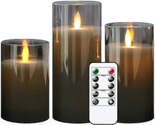 Load image into Gallery viewer, Pack of 3 Amber Glass LED Flameless Pillar Candles Flickering w/Remote&amp;Timer Battery Operated Wedding Home Festival Decoration