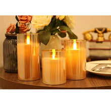 Load image into Gallery viewer, Pack of 3 Amber Glass LED Flameless Pillar Candles Flickering w/Remote&amp;Timer Battery Operated Wedding Home Festival Decoration