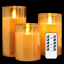 Load image into Gallery viewer, Pack of 3 Amber Glass LED Flameless Pillar Candles Flickering w/Remote&amp;Timer Battery Operated Wedding Home Festival Decoration