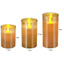 Load image into Gallery viewer, Pack of 3 Amber Glass LED Flameless Pillar Candles Flickering w/Remote&amp;Timer Battery Operated Wedding Home Festival Decoration
