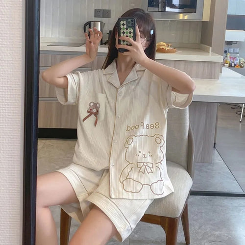 Pajama Set Woman 2 Pieces Summer New Sleepwear Ladies Casual Loose Small Fresh Wind Short-Sleeved Shorts Fashion Homewear