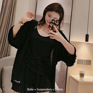 Pajama Set Woman 3 Pieces Sexy Suspenders Loose Shorts Sleepwear Women&#39;S Spring And Summer  New Japanese Long-Sleeve Nightgown