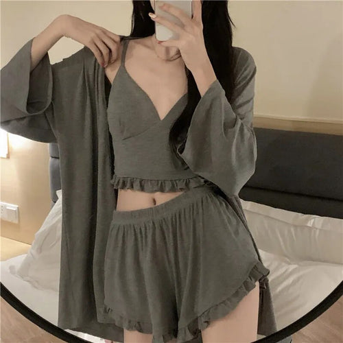 Pajama Set Woman 3 Pieces Sexy Suspenders Loose Shorts Sleepwear Women'S Spring And Summer  New Japanese Long-Sleeve Nightgown