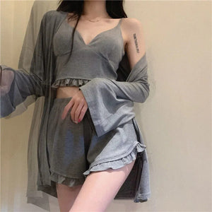 Pajama Set Woman 3 Pieces Sexy Suspenders Loose Shorts Sleepwear Women&#39;S Spring And Summer  New Japanese Long-Sleeve Nightgown