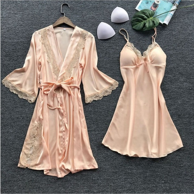 Pajama Sets Sleepwear Women Pajamas Silk Sleepwear Set Two Piece Suit Satin Sleeping Dress Sexy Nightwear Lace Nightgown