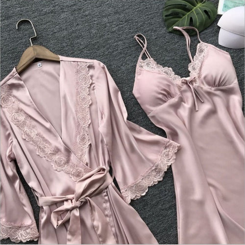 Pajama Sets Sleepwear Women Pajamas Silk Sleepwear Set Two Piece Suit Satin Sleeping Dress Sexy Nightwear Lace Nightgown