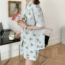 Load image into Gallery viewer, Pajamas For Women 2 Piece Set Cute Bear Plaid Japanese Summer Short-Sleeved Shorts Thin Home Service Satin Pajamas Set Women