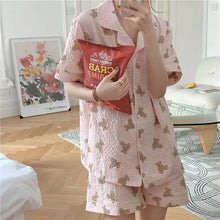 Load image into Gallery viewer, Pajamas For Women 2 Piece Set Cute Bear Plaid Japanese Summer Short-Sleeved Shorts Thin Home Service Satin Pajamas Set Women