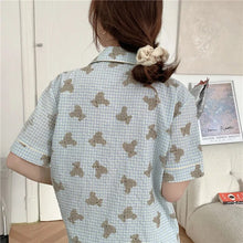 Load image into Gallery viewer, Pajamas For Women 2 Piece Set Cute Bear Plaid Japanese Summer Short-Sleeved Shorts Thin Home Service Satin Pajamas Set Women