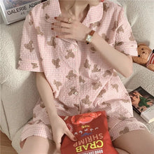 Load image into Gallery viewer, Pajamas For Women 2 Piece Set Cute Bear Plaid Japanese Summer Short-Sleeved Shorts Thin Home Service Satin Pajamas Set Women