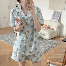 Load image into Gallery viewer, Pajamas For Women 2 Piece Set Cute Bear Plaid Japanese Summer Short-Sleeved Shorts Thin Home Service Satin Pajamas Set Women