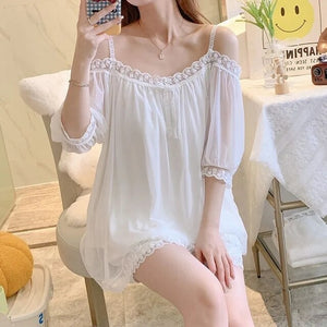 Pajamas For Women Set 2 Pieces Summer Short-Sleeved Sleepwear  Suspenders Nightdress Korean Kawaii Lace Mesh Thin Sexy Home Wear