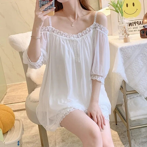 Pajamas For Women Set 2 Pieces Summer Short-Sleeved Sleepwear  Suspenders Nightdress Korean Kawaii Lace Mesh Thin Sexy Home Wear