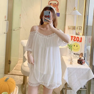 Pajamas For Women Set 2 Pieces Summer Short-Sleeved Sleepwear  Suspenders Nightdress Korean Kawaii Lace Mesh Thin Sexy Home Wear