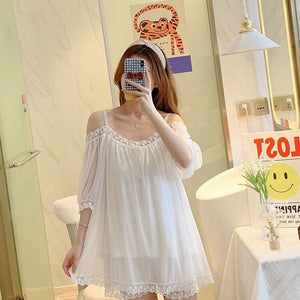 Pajamas For Women Set 2 Pieces Summer Short-Sleeved Sleepwear  Suspenders Nightdress Korean Kawaii Lace Mesh Thin Sexy Home Wear