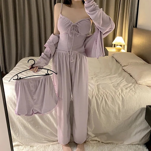 Pajamas For Women Sexy Bras Sleepwear Modal Suspender Trousers With Pajamas Four-Piece Set Sweet Bow Drawstring  Loungewear