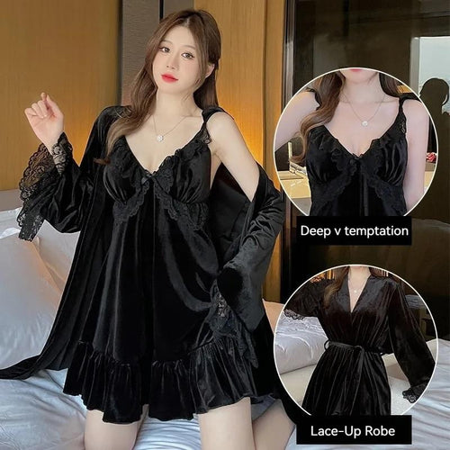 Pajamas For Women Sexy Sleepwear Black Warm Robe Lingerie Winter Sets Golden Velvet Thick 2pcs Nightgowns With Bra Nightdress